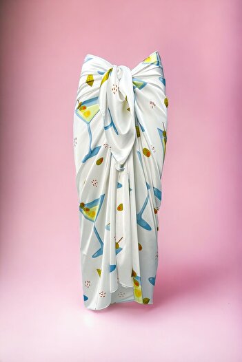 pistore White Satin Pareo with Green Olive - Martini Women's Beach Dress, New Season