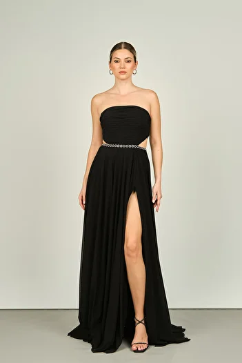 ŞEREF VURAL Strapless and Stone Chain Detailed Side Window Black Long Women's Evening Dress 8227