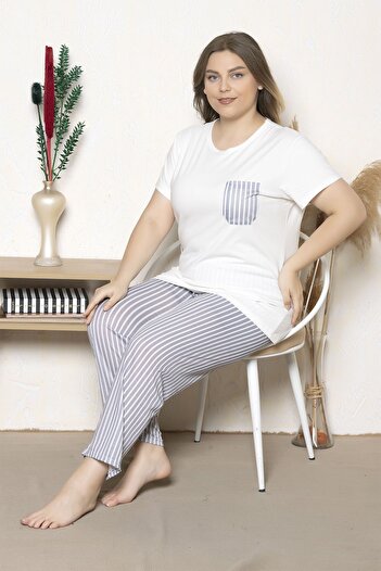 MyBen Large Size Gray Striped Short Sleeve Oversize Pajamas Set B-22