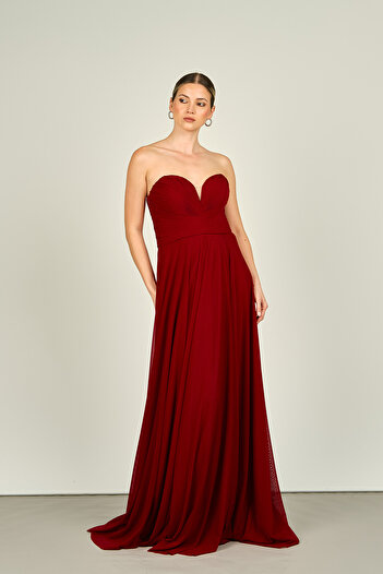 ŞEREF VURAL Strapless Burgundy Long Women's Evening Dress -5437021