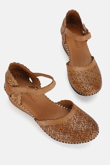 TUNAELLİ Tan Genuine Leather Women's Sandals - Size 35-41-42 Wedge, Heels and Side Open