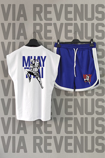 Vordevia Muay Thai Patterned White Crew Neck Sports T-Shirt and Blue Sports Shorts Set