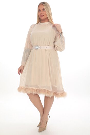 etselements X MODAPO Plus Size Γυναικείο Φόρεμα - Πλισέ σιφόν με ζώνη, φτερωτή επένδυση