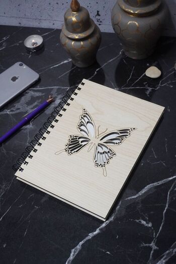 markcat Butterfly Patterned Wooden Cover Notebook - Daily Memory Book - Unlined Agenda