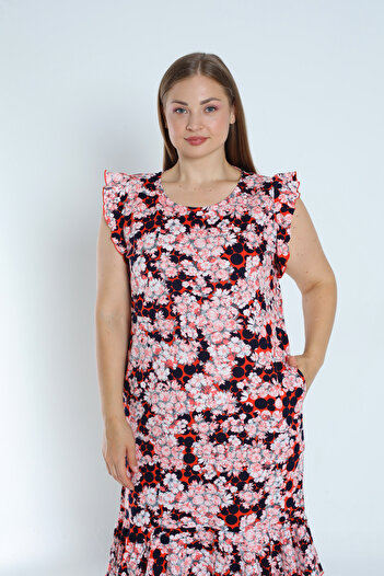 İntensive Plus Size Women's 100% Cotton Print Dress with Ruffle Skirt and Pockets
