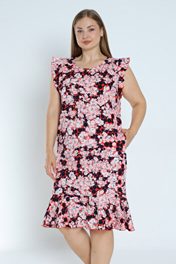 İntensive Plus Size Women's 100% Cotton Print Dress with Ruffle Skirt and Pockets