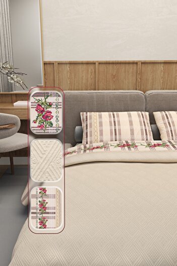 Durul Vintage Çift Kişilik Pike Takımı - %100 Pamuk, Kanaviçe Kırmızı Nakışlı, Bordo Yan Kumaş - Bej