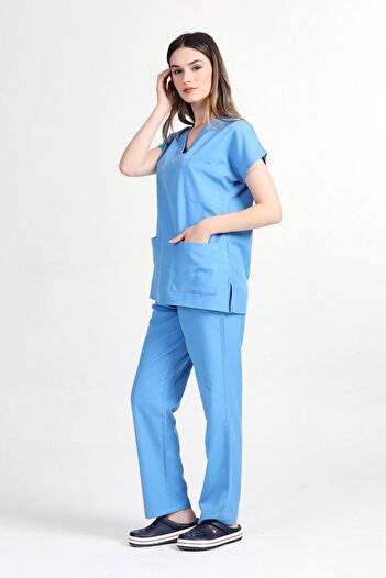 HEMİ Tricou de asistentă unisex cu mânecă liliac albastru de alpaca și uniformă de spital pentru echipă de medic