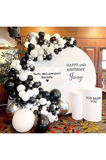 Partimalzemeleriburada 60's Party Invitation Organization Black White Silver Chrome Birthday Balloon Set