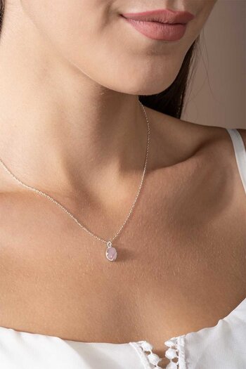 Takıdepo Pembe Kuvars Taşlı Minimal Gümüş Kadın Kolye-Gümüş Rengi