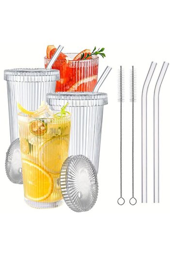 MİS KİTCHEN 4 Origami Cups - 400ml with Straw and Lid, Cold and Hot Coffee Cup + Cleaning Brush