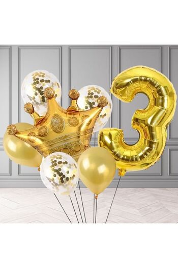 Konsept Sepeti Gold Confetti King Crown Foil Balloon Party Set for 3 Year Old Birthday