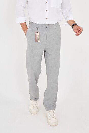 ESSİMA Men's Gray Baggy Fit Elastic Waist Double Pleated Comfortable Fabric Trousers