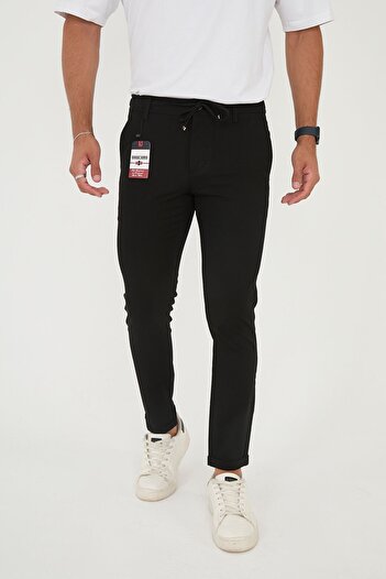 BROCARD Erkek Jogger Slimfit Bel Yarım Lastikli Duble Paça Siyah Kumaş Pantolon