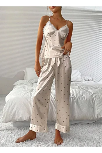 bella bonita Set de pijamale din dantelă cu bretele imprimate din satin alb zestre