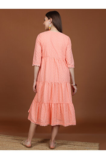 Ketch By Styli Embroidery Detail Keyhole Neck A-Line Midi Dress
