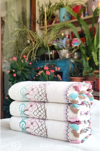 Z&N STYLE Annem Çeyizlik - 50x90 см Канавече з квітковим візерунком, з бахромою, оксамитовий набір рушників (набір з 3 штук)