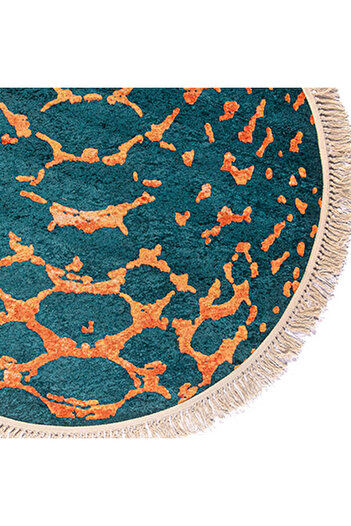 In House Velvet Turkish Round Decorative Carpet -Blue & Gold - 120x120 cm