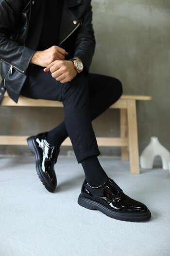 iskarpino Men's Casual Black Patent Leather Laceless Shoes