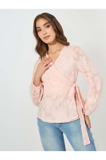 Styli Floral Pattern Burnout Wrap Top with Tie Belt