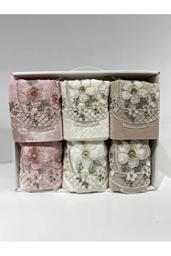Durul Velvet Fancy Guipure Mother and Daughter Towel Set 6 Pieces (3 Pieces 50*90 + 3 Pieces 30*50)