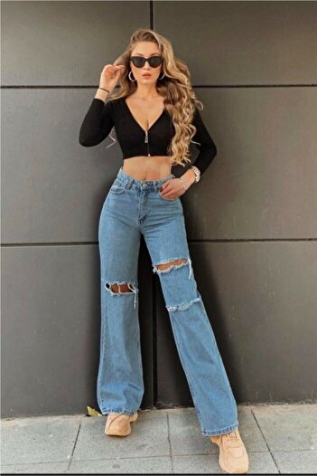 Ramrod Koyu Mavi Yırtık Süper Yüksek Bel Salaş Jeans Palazzo Pantolon (POWER LİKRALI)
