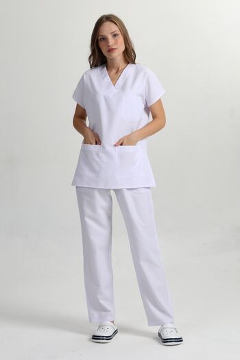 HEMİ Alpaca albă unisex - Costum de uniformă pentru asistentă și medic cu mâneci liliac, uniformă de spital