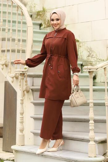 MİSSKAYLE Σετ Hijab Brown με λεπτομέρεια τούνελ