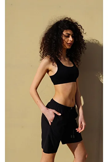 Miami Beach Women's Large Size Black Solid Color Quick Drying Fabric Long Length Swimsuit Swim Shorts with Two Side Pockets