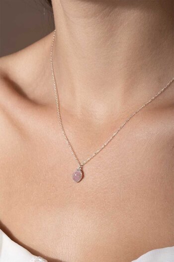 Takıdepo Pembe Kuvars Taşlı Minimal Gümüş Kadın Kolye-Gümüş Rengi