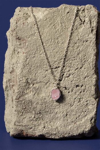 Takıdepo Pembe Kuvars Taşlı Minimal Gümüş Kadın Kolye-Gümüş Rengi