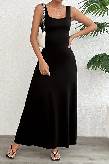 missamour Black Trend U Collar Long Women's Strap Dress