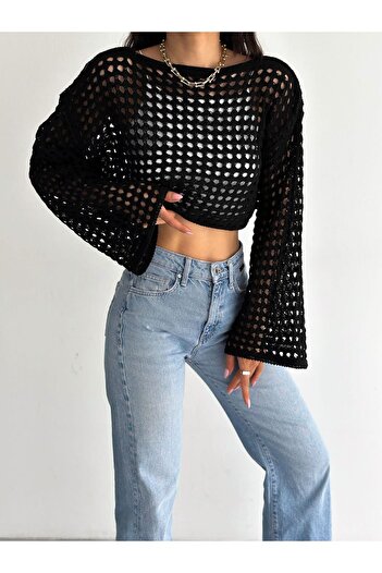 Noa Noa Mesh Crew Neck Spanish Sleeve Detailed Sweater