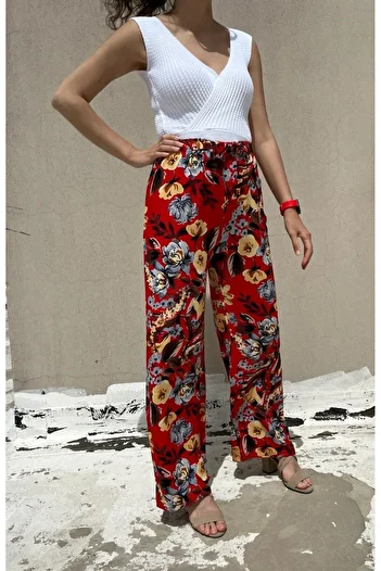 520CK Women's Viscose Fabric Wide Leg Patterned Summer Trousers