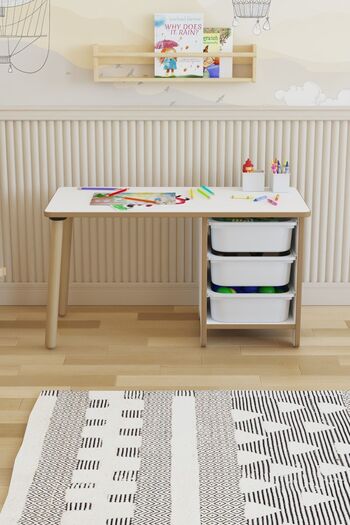 POFİTTO Çocuk Masası 90x45 Cm 3 Sepetli Çocuk Çalışma Masası Aktivite Masası Yaz-sil