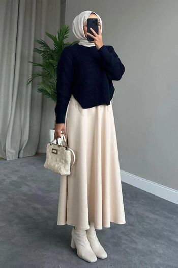 bm bessomoda fashion boutique Γυναικεία Scuba Fabric Puff Flared Beige Hijab Φούστα
