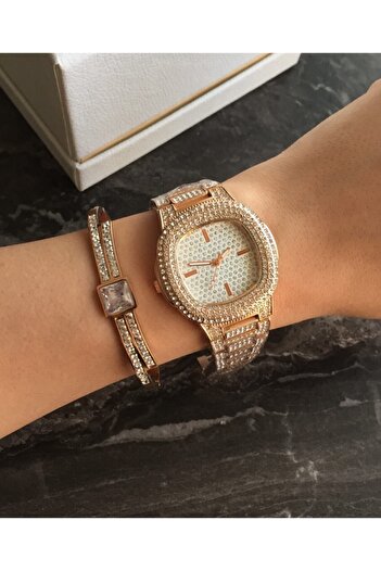 Spectrum Women's Gold Rose Jewelled Shiny Quartz Wristwatch Rose Gold Jewelled Watch
