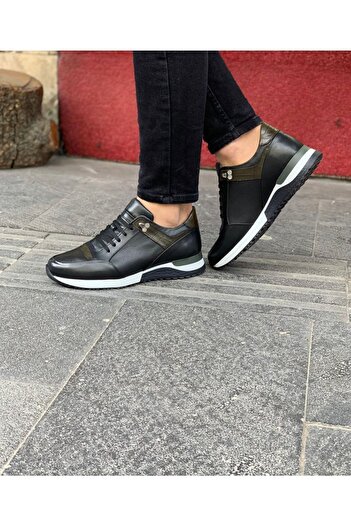 Parlak Siyah Erkek Hakiki Deri Sneakers