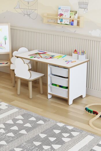 POFİTTO Çocuk Masa Sandalye Takımı-3 Sepetli Çalışma Ve Aktivite Masası-yaz-sil Yüzey-2 Bulut Sandalye