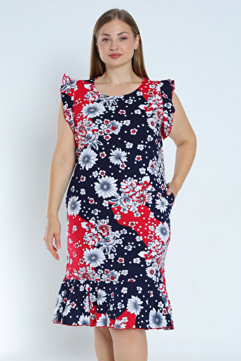 İntensive Dress navy blue plus size print - 100% cotton with pockets and ruffles sleeves and skirt