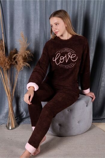 MyBen Women's Brown Love Printed Cuffed Full Plush Pajama Set 30008 Plush