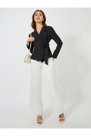 Styli Notch Lapel Long Sleeves Wrap Top