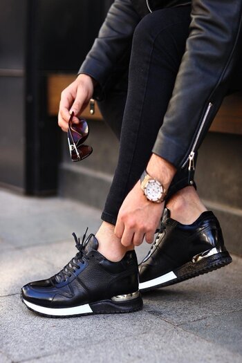 iskarpino Men's Sneakers - Black and White, Genuine Leather, Lace-up