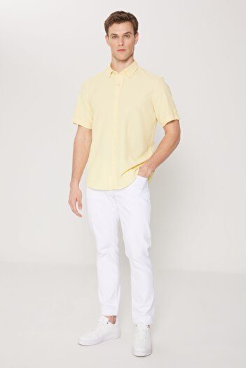 AC&Co / Altınyıldız Classics Men's Yellow Slim Fit Narrow Cut Hidden Button Collar Short Sleeve Shirt