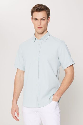 AC&Co / Altınyıldız Classics Men's Green Slim Fit Narrow Cut Hidden Button Collar Short Sleeve Shirt