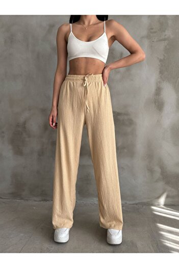 BEJNA Women's Beige Elastic Waist Palazzo Pants