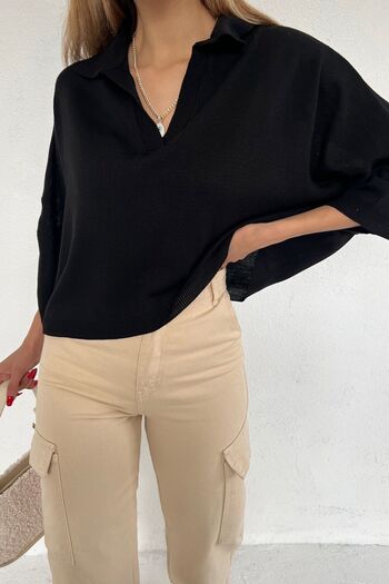 Cistern İstanbul Women's Black Polo Neck Oversize Knitwear Blouse