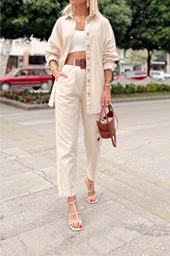 MY IMAGINE MODA Kadın Ham Keten Oversize Gömlek Pantolon Takım
