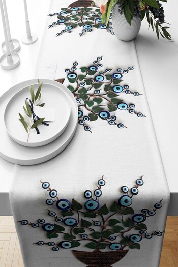 on the clouds White Stain Resistant Fabric - Evil Eye Bead Living Room Kitchen Table Runner