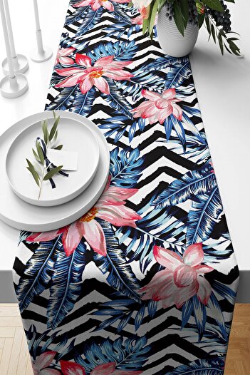 on the clouds Tropical Floral Patterned Zigzag Stain Resistant Fabric - Living Room and Kitchen Table Runner